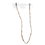 Sujeta lentes tejido con diseño geométrico multicolor y terminales de goma negra.