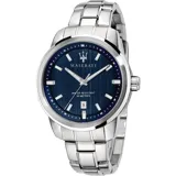 Reloj Maserati Successo R8853121004 para hombre, con caja plateada de acero inoxidable de 44mm, esfera azul con textura, cristal mineral y correa de acero inoxidable. Resistente al agua hasta 50 metros.