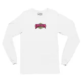 Remera blanca de manga larga con cuello redondo y estampado frontal con el logo de la marca Emexem en color rosa y verde neón.