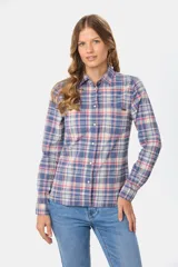 Camisa a cuadros azul, beige y rosa de algodón con dos bolsillos en el pecho, botones a presión y spandex para un mejor calce.