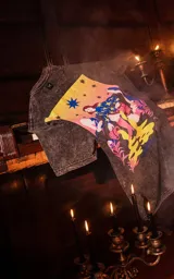 Remera negra con efecto nevado, de manga corta y cuello redondo, con calce oversize. Presenta una estampa en la espalda inspirada en el arcano "La Estrella" del Tarot, con una figura femenina vertiendo agua de dos cántaros, rodeada de estrellas y vegetación en colores vibrantes como amarillo, azul, rosa y verde.