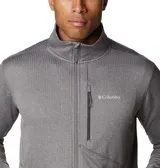 Campera polar Columbia Park View Fleece, color azul jaspeado, con cierre frontal completo, cuello alto, bolsillos laterales con cierre y bolsillo en el pecho con cierre vertical en color verde lima. Cuenta con tecnología Omni-Wick, puños elásticos con orificios para pulgares y protector de barbilla.