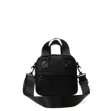 Bolso negro de tamaño pequeño con correa larga ajustable y doble asa corta.