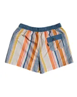 Short de baño con rayas verticales en tonos naranja, amarillo, gris y azul. Cintura elastizada con cordón ajustable.
