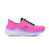 Championes deportivos Skechers Max Cushioning Elite 2.0, color rosa con detalles en negro y lila. Cuentan con tecnología Skechers Air Cooled Memory Foam, suela Max Cushioning, entresuela Natural Rocker y amortiguación ULTRA GO.