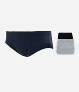 Kit de tres calzoncillos tipo slip para hombre, confeccionados en algodón y poliéster. El kit incluye un calzoncillo azul marino liso, uno gris melange y uno negro liso, todos con cintura elástica.