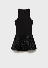 Minivestido negro con cuerpo ajustado sin mangas y falda globo cubierta de lentejuelas.