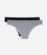 Pack de dos bombachas bikini, una negra y otra gris jaspeado, ambas con terminaciones de encaje.