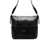 Bolso negro tipo tote bag con textura simil cuero de cocodrilo en la parte inferior y correa al hombro ajustable.