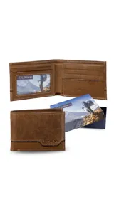 Billetera de cuero color marrón claro, con volante interior que incluye visor y múltiples tarjeteros. Cuenta con doble compartimento para billetes.