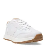 Zapatillas deportivas blancas con detalles en beige, acordonadas, con suela marrón.