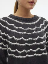 Sweater gris oscuro de punto con cuello redondo y manga larga. Presenta un patrón de ondas horizontales blancas en la parte superior.