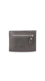 Billetera gris de cuero con bolsillo frontal con cierre metálico. Interior con visor, tarjeteros, doble compartimento para billetes y un compartimento con cierre en la parte posterior interna.