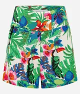 Short de cintura mediana confeccionado en viscolino con estampado tropical de tucanes.