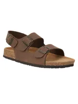 Sandalias marrones de cuero con dos tiras anchas ajustables con hebilla y tira trasera con hebilla.