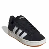 Championes Adidas Grand Court Alpha de cuero sintético negro con las tres tiras laterales blancas y suela blanca con base marrón.