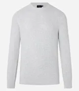 Suéter masculino de malla de viscosa y poliamida color gris claro, con textura de cuadros grid, cuello redondo y mangas largas.