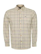 Camisa de franela a cuadros color crema, con líneas en azul, marrón y verde. Tiene cuello americano abotonado, manga larga con puños abotonados, bolsillo en el pecho y logo bordado de un pato.