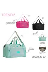 Bolso de mano fucsia con doble asa corta y correa larga regulable.