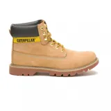 Botas de trabajo Caterpillar modelo Colorado 2.0, color beige con cuello acolchado negro, cordones amarillos y suela marrón.