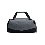 Bolso Under Armour unisex, modelo Undeniable 5.0, color gris con detalles en negro y amarillo. Cuenta con tecnología UA Storm repelente al agua, paneles inferiores y laterales resistentes, bolsillo ventilado para ropa o calzado, bolsillos interiores para organización, bolsillo frontal con cierre, doble bolsillo para botella de agua y correa ajustable para el hombro.