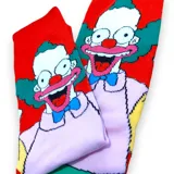 Medias rojas con diseño de Krusty el payaso de Los Simpsons, con detalles en verde, blanco, celeste y amarillo.