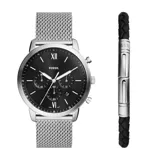 Set de reloj Fossil Neutra con caja plateada de 42mm, esfera negra con cronógrafo y números romanos, y malla de acero inoxidable plateada. Incluye pulsera trenzada de cuero negro con detalles plateados.