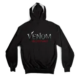 Canguro negro con capucha y bolsillo delantero tipo canguro. Estampado pequeño en el pecho con el logo de Venom y estampado grande en la espalda con la imagen de Venom.