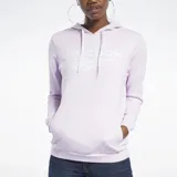 Canguro lila con capucha y cordones ajustables, logo de Reebok en blanco estampado en el frente y bolsillo tipo canguro.