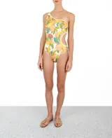 Traje de baño entero con estampado floral multicolor, un solo hombro y abertura lateral.