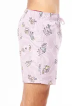 Short de baño lila con estampado de ranas y otros dibujos.