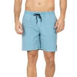 Short de baño celeste con cintura elástica ajustable con cordón negro.