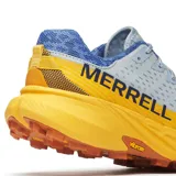 Championes de trail running Merrell Agility Peak 5, color celeste con detalles en azul y amarillo. Suela Vibram Megagrip color naranja.