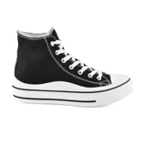 Zapatillas deportivas de caña alta color negro con detalles en blanco, cordones blancos y suela gruesa con plataforma.