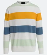 Suéter de punto de algodón con rayas horizontales en blanco, amarillo, azul y verde.