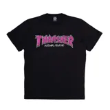 Remera negra de manga corta con el logo de Thrasher en color rosa con diseño de ladrillos.