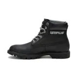 Bota de cuero negra para mujer, con cordones bicolores y logo de Caterpillar en el lateral.