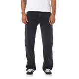 Pantalón de jean negro de corte recto y relajado, estilo clásico de 5 bolsillos, tiro medio y abertura de pierna de 18 pulgadas.