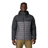 Campera puffer Columbia Powder Lite II, color verde oliva y gris claro, con capucha ajustable, cierre frontal, bolsillos laterales con cierre y logo de la marca bordado en el pecho.