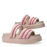 Sandalias de plataforma color beige con tiras acolchadas y detalle de ribete fucsia.