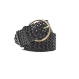 Cinturón negro de cuero vacuno trenzado con hebilla redonda dorada.