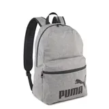 Mochila deportiva de color gris con logotipo en negro, diseño funcional y varios compartimentos.