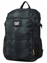 Mochila negra con estampado geométrico, marca Caterpillar, modelo Barry. Cuenta con compartimento acolchado para laptop de 15 pulgadas, panel organizador en bolsillo frontal, espalda acolchada, correa para ajustar a la cintura, straps ajustables y compartimiento principal amplio con correas de compresión.
