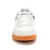 Championes Caterpillar Pause Retro Canvas color blanco con detalles en gamuza color crema, logo de la marca en azul y suela de goma color caramelo.