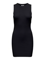Vestido corto negro de punto plano, sin mangas y con cuello redondo.