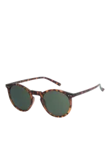 Lentes de sol con montura redonda color carey y lentes verdes. Ofrecen protección UV.
