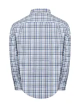 Camisa de hombre de manga larga con estampado a cuadros azules y rosas. Confeccionada en popelina elástica de algodón orgánico con tecnología Natural Flex.