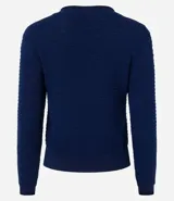 Blusa azul marino de malla texturizada con cuello redondo y mangas largas ajustadas con rib en los puños y barra.