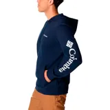 Buzo Columbia Beaumont Hoodie azul marino para hombre, con capucha ajustable con cordón, bolsillo tipo canguro y logo de la marca estampado en blanco en el pecho y en la manga.