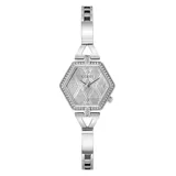 Reloj Guess GW0680L1 para mujer, con caja hexagonal plateada de 28mm con detalles brillantes, esfera plateada con diseño geométrico y correa de acero inoxidable con eslabones ajustables.